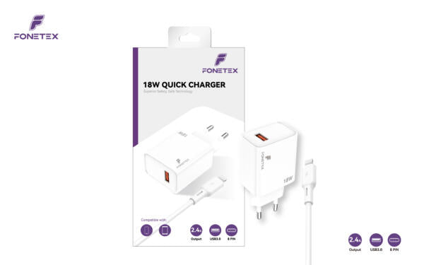 FoneTex 18W Quick Charger With USB To 8 Pin Cable – FT-C218