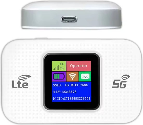 Fix2Goshop.nl Mifi router - 4G/5G - 10 apparaten - 3000MAH - WiFi Dongle - Wifi Buddy - USB-C - Wifi in de Auto - 150 Mbps - Wit/Zwart
