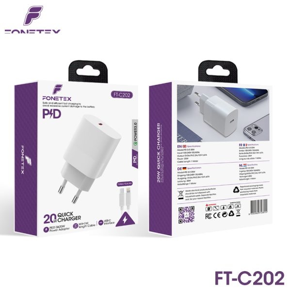 20W Type C Quick Charger + Type-C to 8-Pin Cable FT-C202 – White