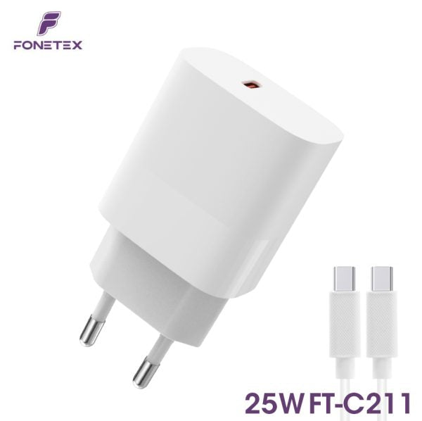 25W Type C Quick Charger + Type-C to Type-C Cable FT-C211 – White